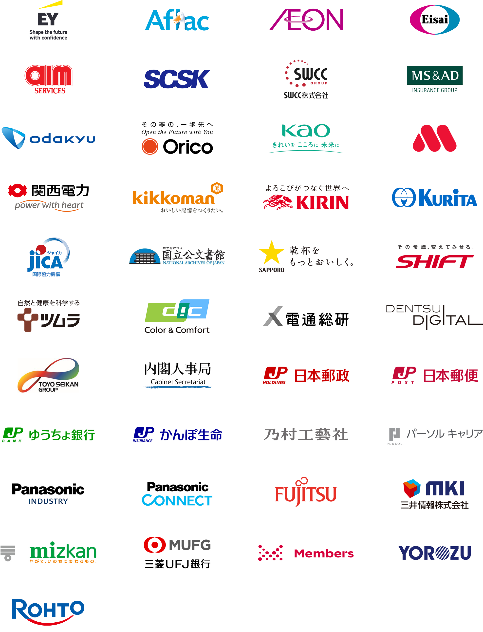 アサヒグループジャパン株式会社、アフラック生命保険株式会社、イオンフィナンシャルサービス株式会社、イオンリテール株式会社、株式会社インテージホールディングス、ウエルシア薬局株式会社、エーザイ株式会社、SCSK株式会社、小田急電鉄株式会社、花王グループカスタマーマーケティング株式会社、兼松株式会社、関西電力株式会社、九州電力株式会社、キリンホールディングス株式会社、栗田工業株式会社、KDDI株式会社、独立行政法人国際協力機構（JICA）、サッポロビール株式会社、総合メディカル株式会社、ソニーグループ株式会社、大日本印刷株式会社、中外製薬株式会社、DIC株式会社、株式会社電通総研、株式会社電通デジタル、内閣人事局、日本たばこ産業株式会社、日本郵政株式会社、株式会社ゆうちょ銀行、株式会社かんぽ生命保険、株式会社乃村工藝社、パーソルホールディングス株式会社、パーソルキャリア株式会社、パナソニック インダストリー株式会社、パナソニック コネクト株式会社、株式会社日立製作所、富士通株式会社、株式会社ポーラ、三井情報株式会社、三井住友海上火災保険株式会社、株式会社Mizkan J plus Holdings、三菱HCキャピタル株式会社、三菱ケミカルグループ株式会社、三菱重工業株式会社、株式会社三菱UFJ銀行、明治ホールディングス株式会社、株式会社メンバーズ、ロート製薬株式会社